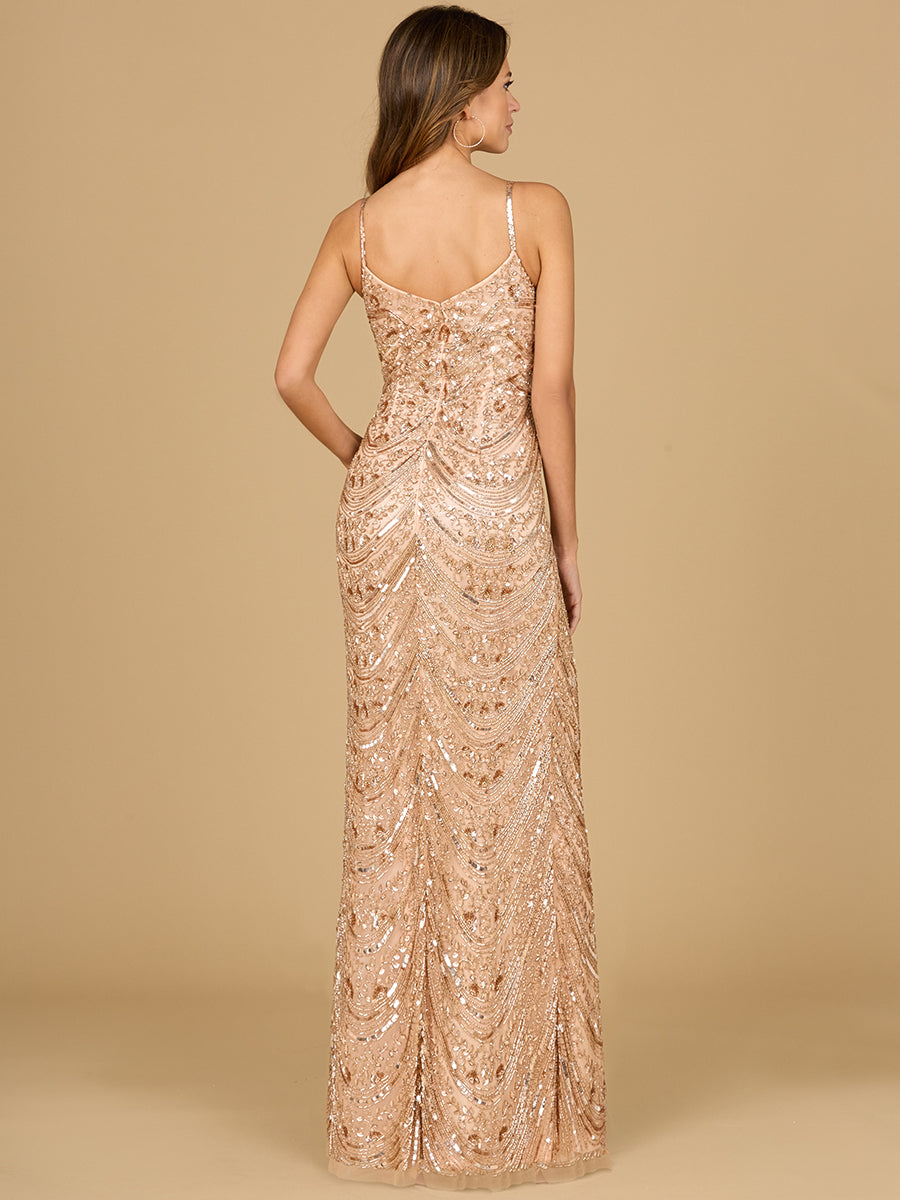 Lara Style 29117 Spaghetti Strap Cowl Neck Beaded Gown with Thigh-High Slit