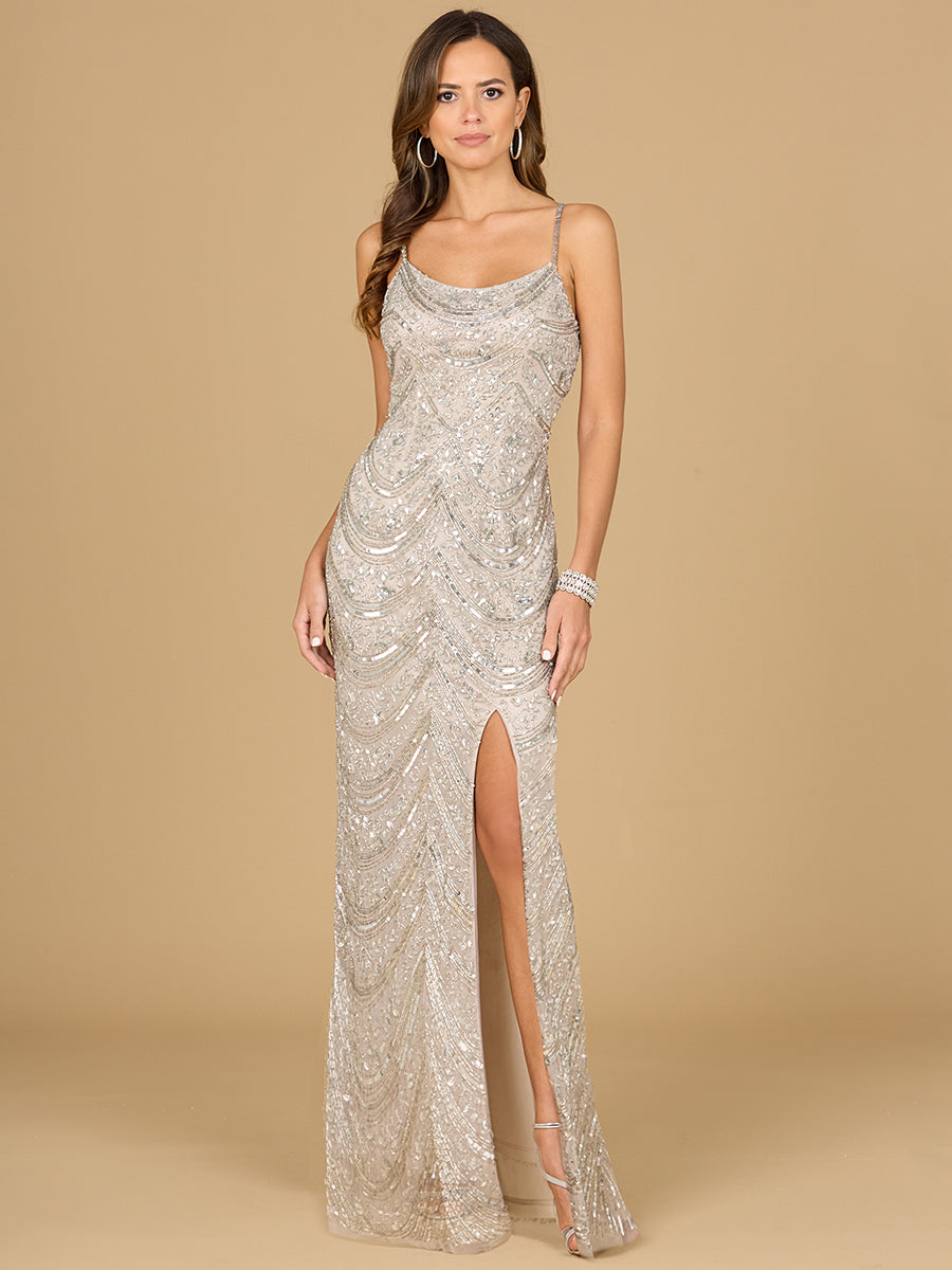 Lara Style 29117 Spaghetti Strap Cowl Neck Beaded Gown with Thigh-High Slit