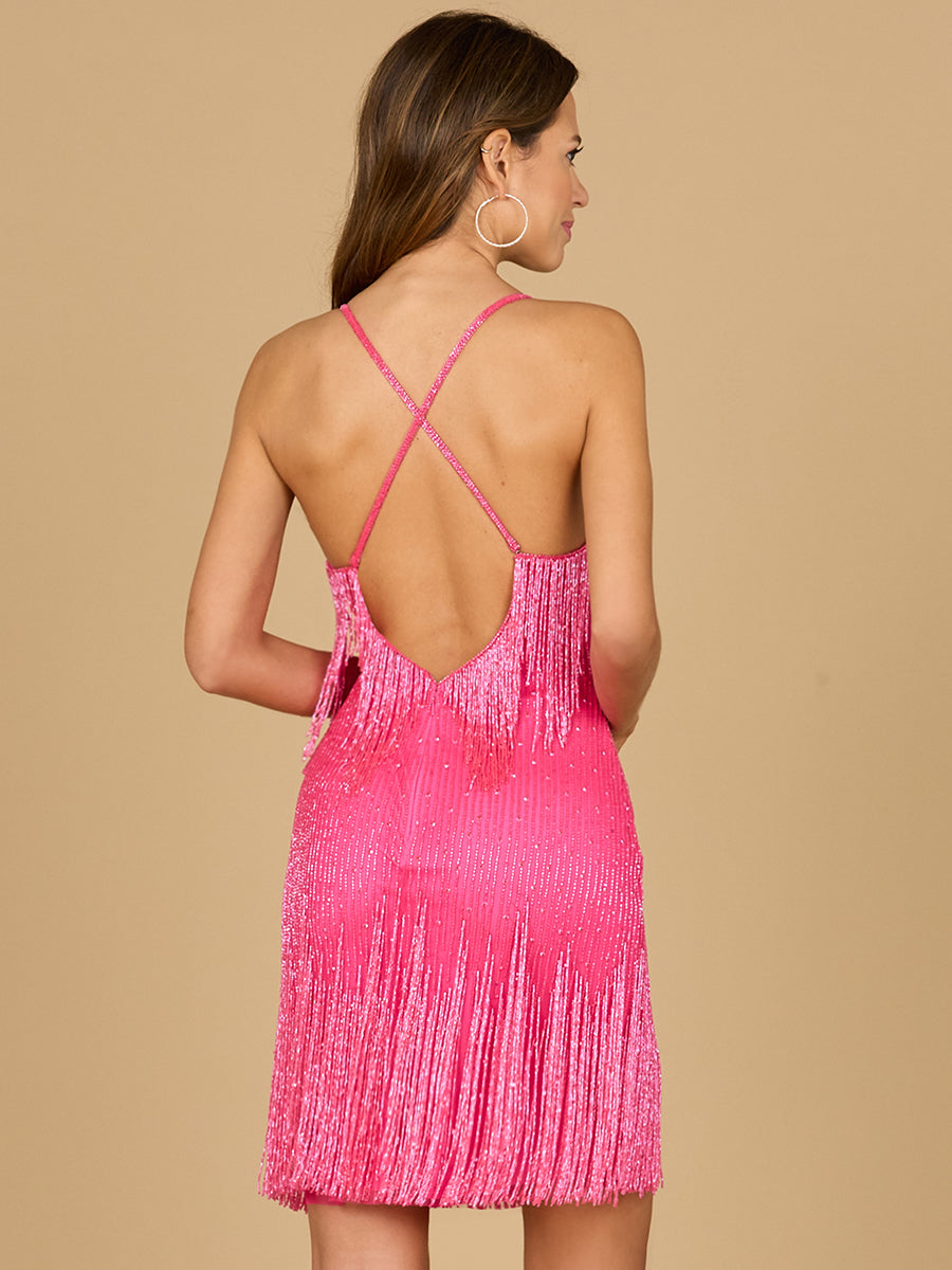 Lara Style 29121 Spaghetti Strap Beaded Fringe Mini Dress with Cross Back