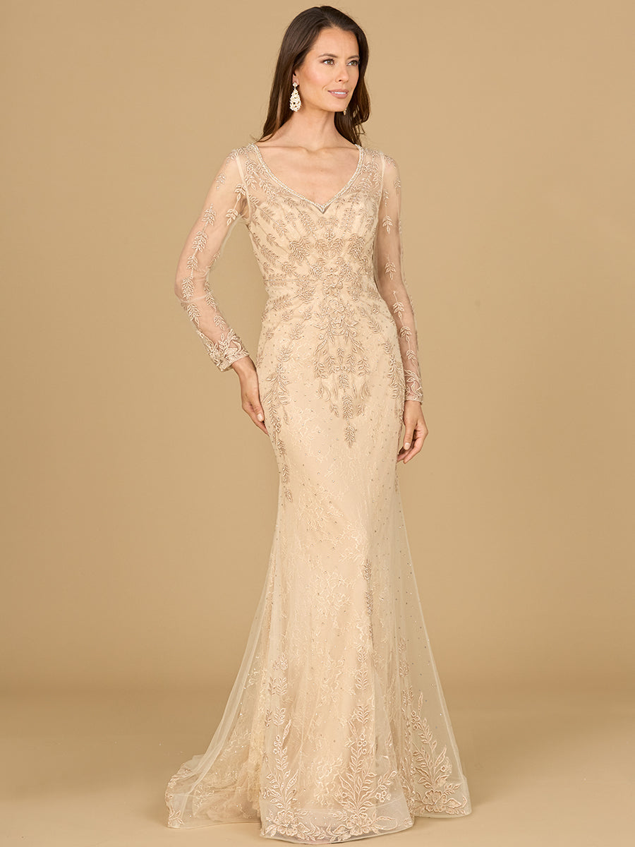 Lara Style 29128 Sheer Long Sleeve Floral Lace Mermaid Gown with Illusion Back