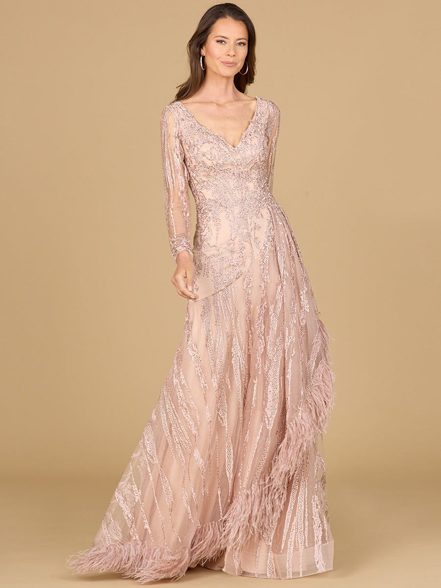Lara Style 29133 Long Sleeve Lace A-Line Gown with Embroidered Feather Skirt