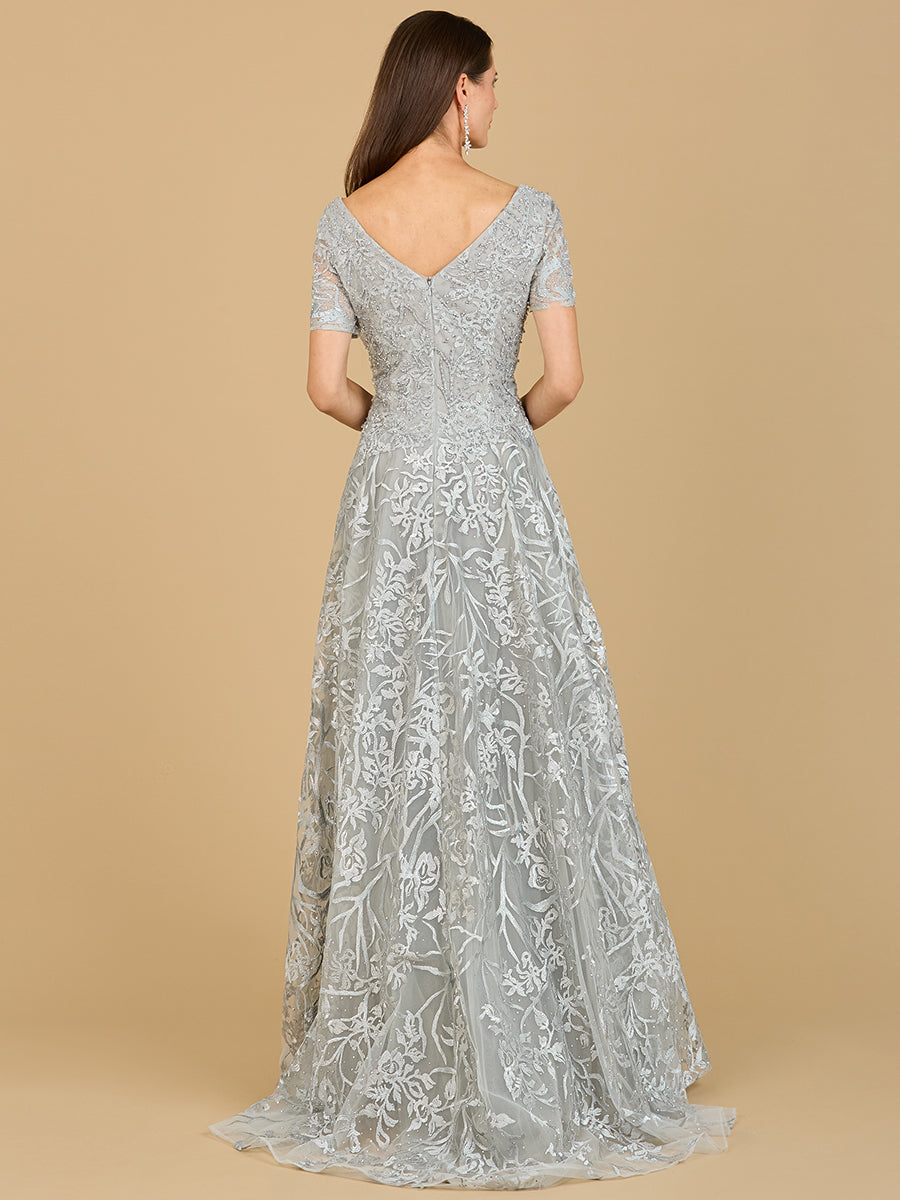 Lara Style 29193 V-Neck Embroidered Lace Ball Gown with Short Sleeves