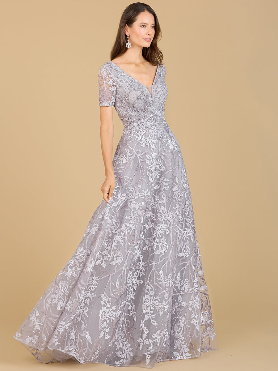 Lara Style 29193 V-Neck Embroidered Lace Ball Gown with Short Sleeves