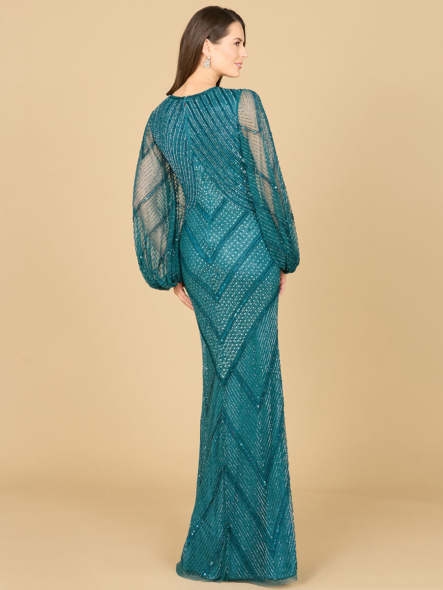 Lara Style 29228 Sheer Long Sleeve V-Neck Beaded Sequin Full-Length Gown in Teal