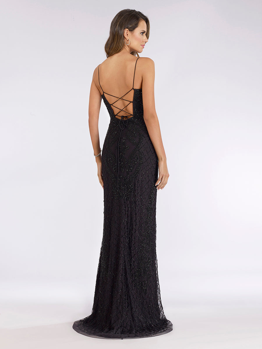 Lara Style 29577 Sleeveless Scoop Neck Beaded Gown with Open Lace-Up Back