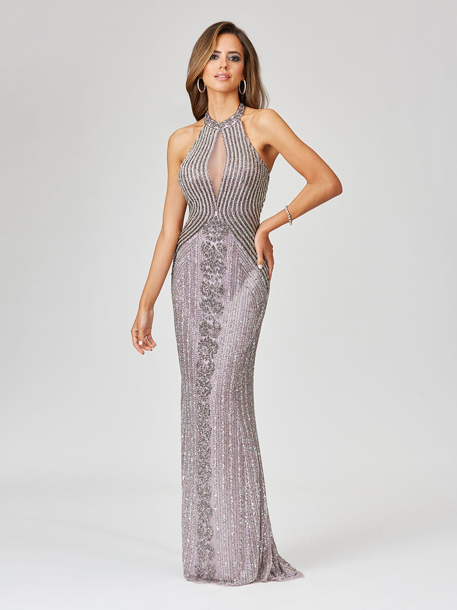 Lara Style 29600 Sleeveless Halter Neck Beaded Sequin Tulle Dress