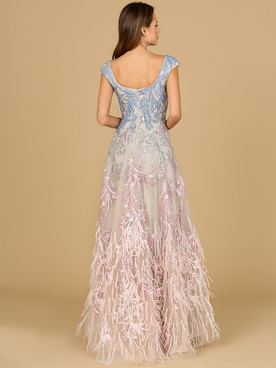 Lara Style 29783 Cap Sleeve Sweetheart Organza Ballgown with Lace & Feathers