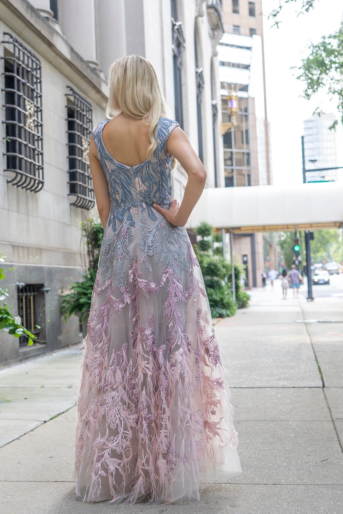 Lara Style 29783 Cap Sleeve Sweetheart Organza Ballgown with Lace & Feathers