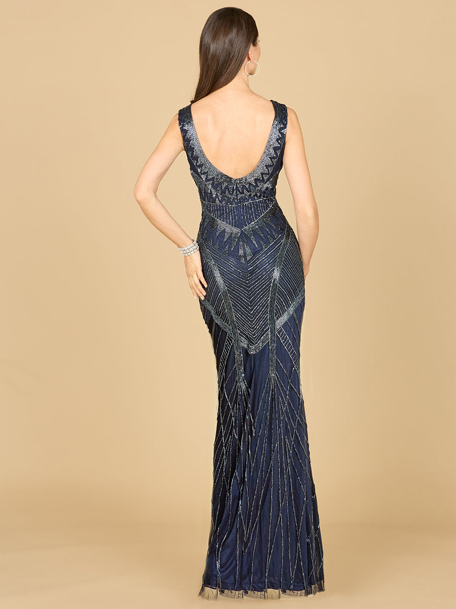 Lara Style 33552 Sleeveless V-Neck Tonal Sequin Slim Gown in Navy & Black