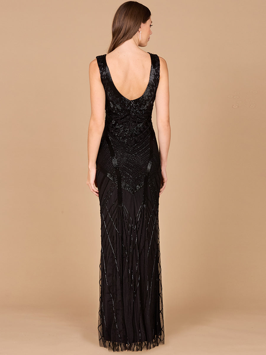 Lara Style 33552 Sleeveless V-Neck Tonal Sequin Slim Gown in Navy & Black