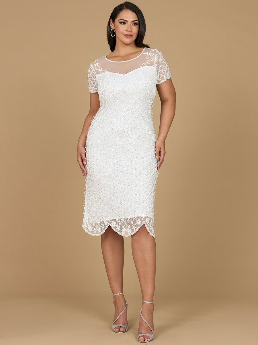 Lara Style 51188 Rhinestone Beaded Tulle Midi Dress with Cap Sleeves