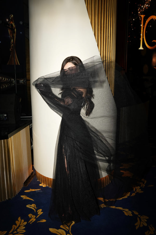 Li Beirut B1141 Off-Shoulder Long Lace Sleeve Gown with Tulle Skirt