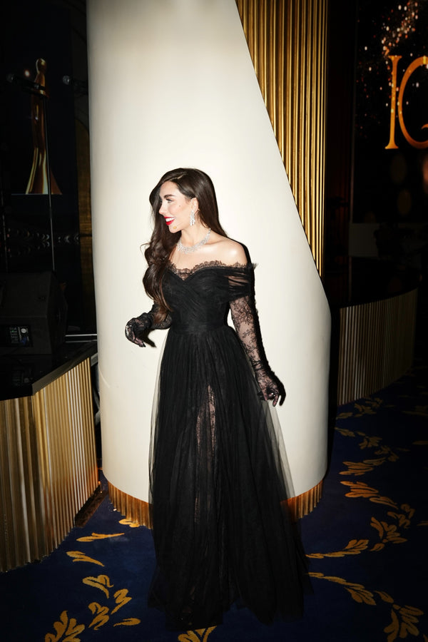 Li Beirut B1141 Off-Shoulder Long Lace Sleeve Gown with Tulle Skirt