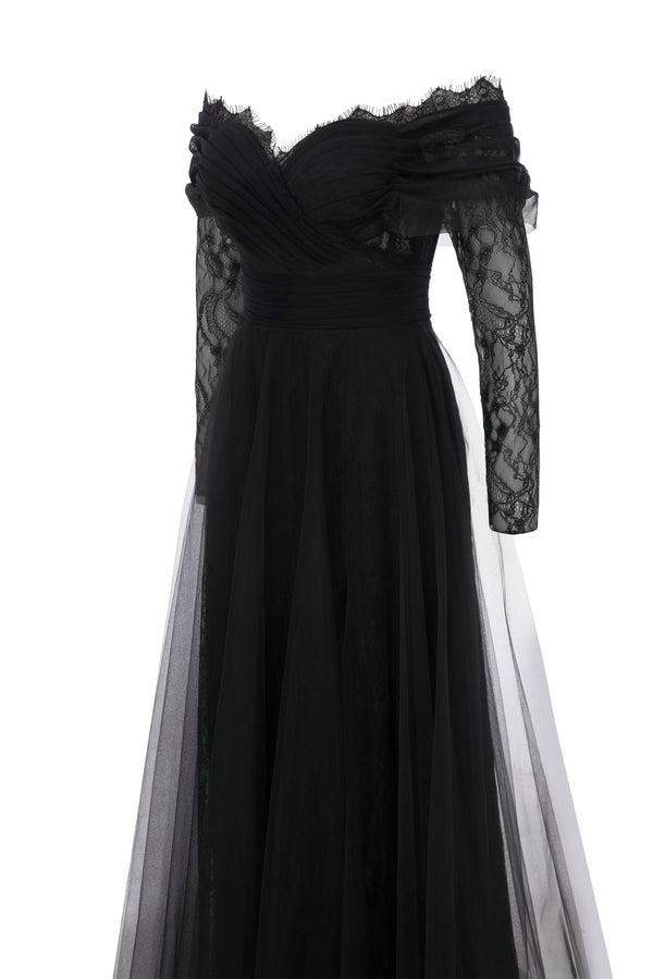 Li Beirut B1141 Off-Shoulder Long Lace Sleeve Gown with Tulle Skirt