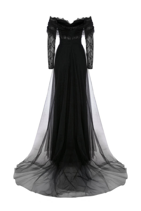 Li Beirut B1141 Off-Shoulder Long Lace Sleeve Gown with Tulle Skirt