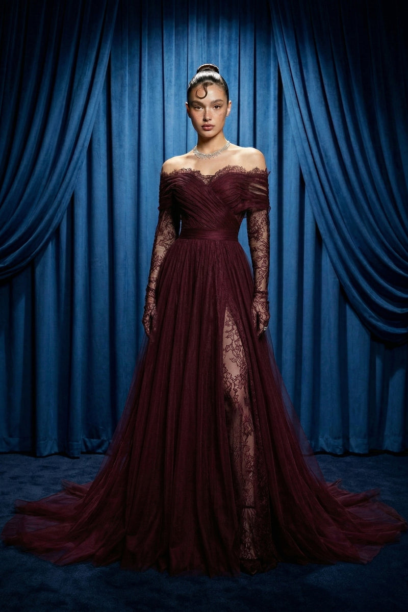 Li Beirut B1141 Off-Shoulder Long Lace Sleeve Gown with Tulle Skirt