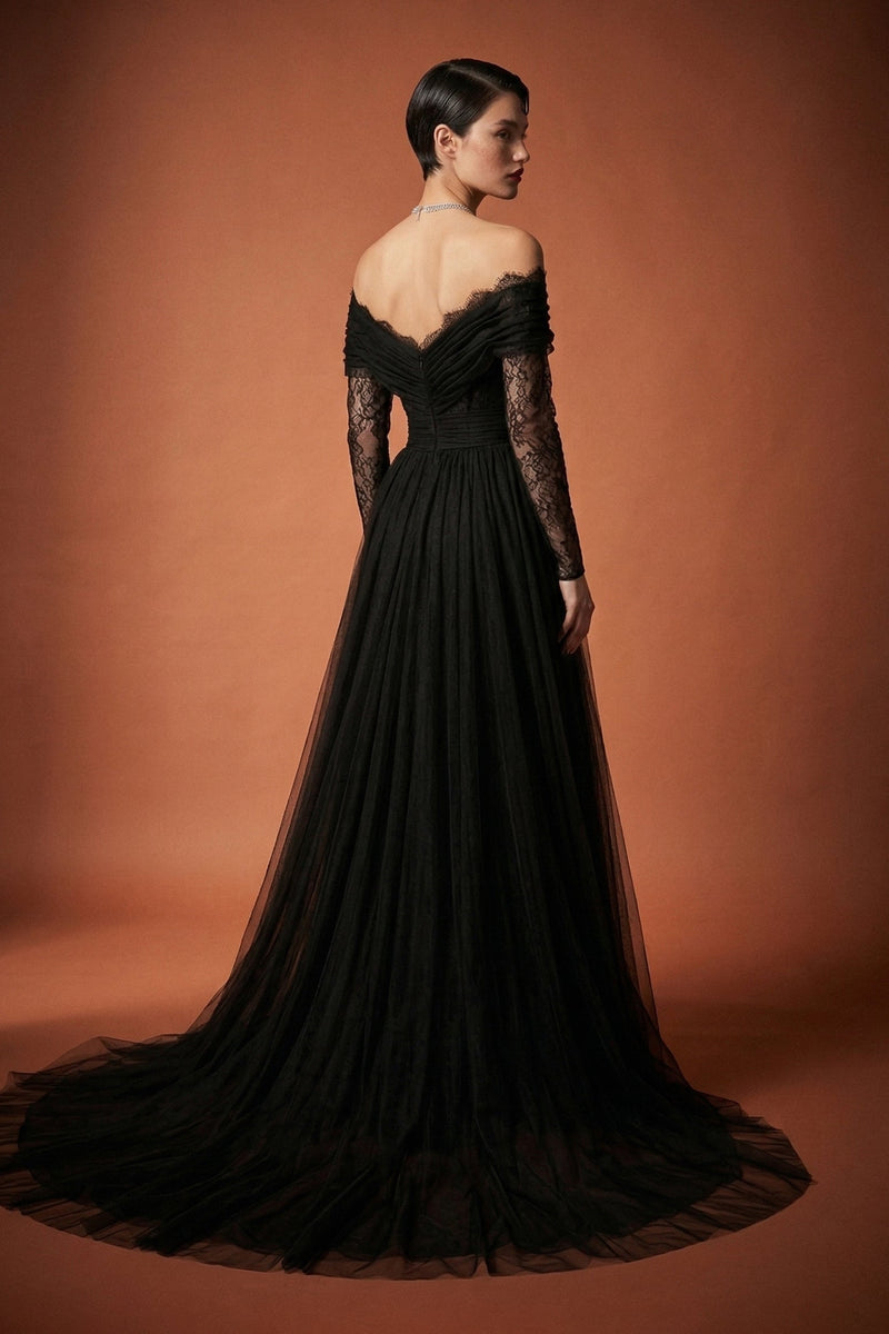 Li Beirut B1141 Off-Shoulder Long Lace Sleeve Gown with Tulle Skirt