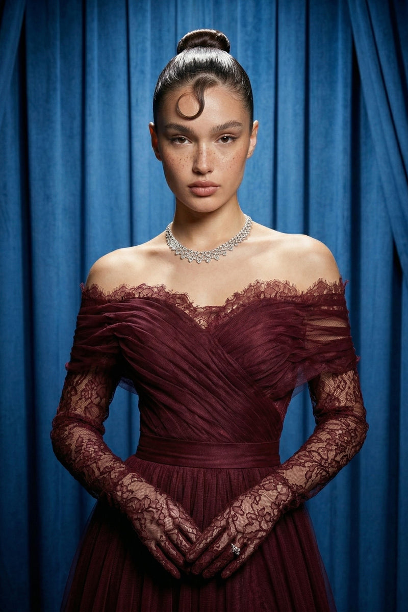 Li Beirut B1141 Off-Shoulder Long Lace Sleeve Gown with Tulle Skirt