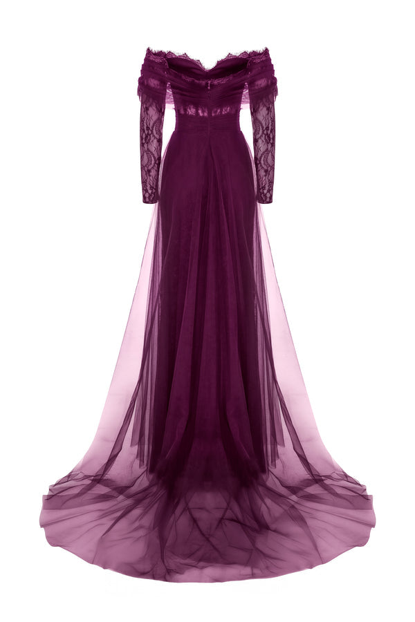 Li Beirut B1141 Off-Shoulder Long Lace Sleeve Gown with Tulle Skirt
