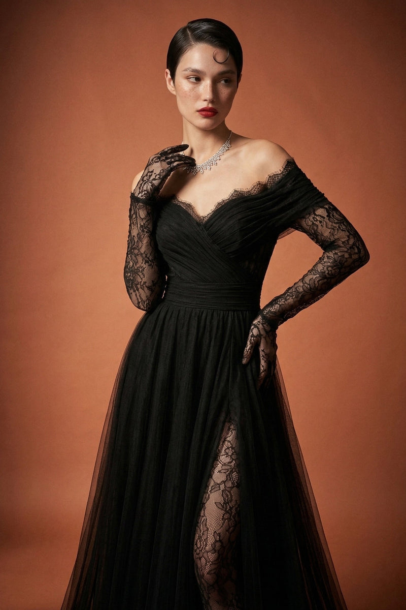 Li Beirut B1141 Off-Shoulder Long Lace Sleeve Gown with Tulle Skirt