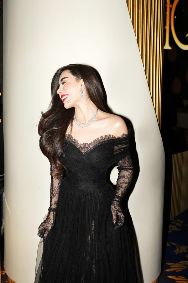 Li Beirut B1141 Off-Shoulder Long Lace Sleeve Gown with Tulle Skirt