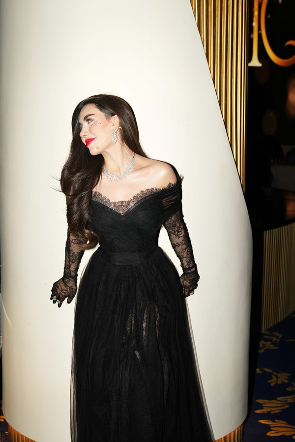 Li Beirut B1141 Off-Shoulder Long Lace Sleeve Gown with Tulle Skirt