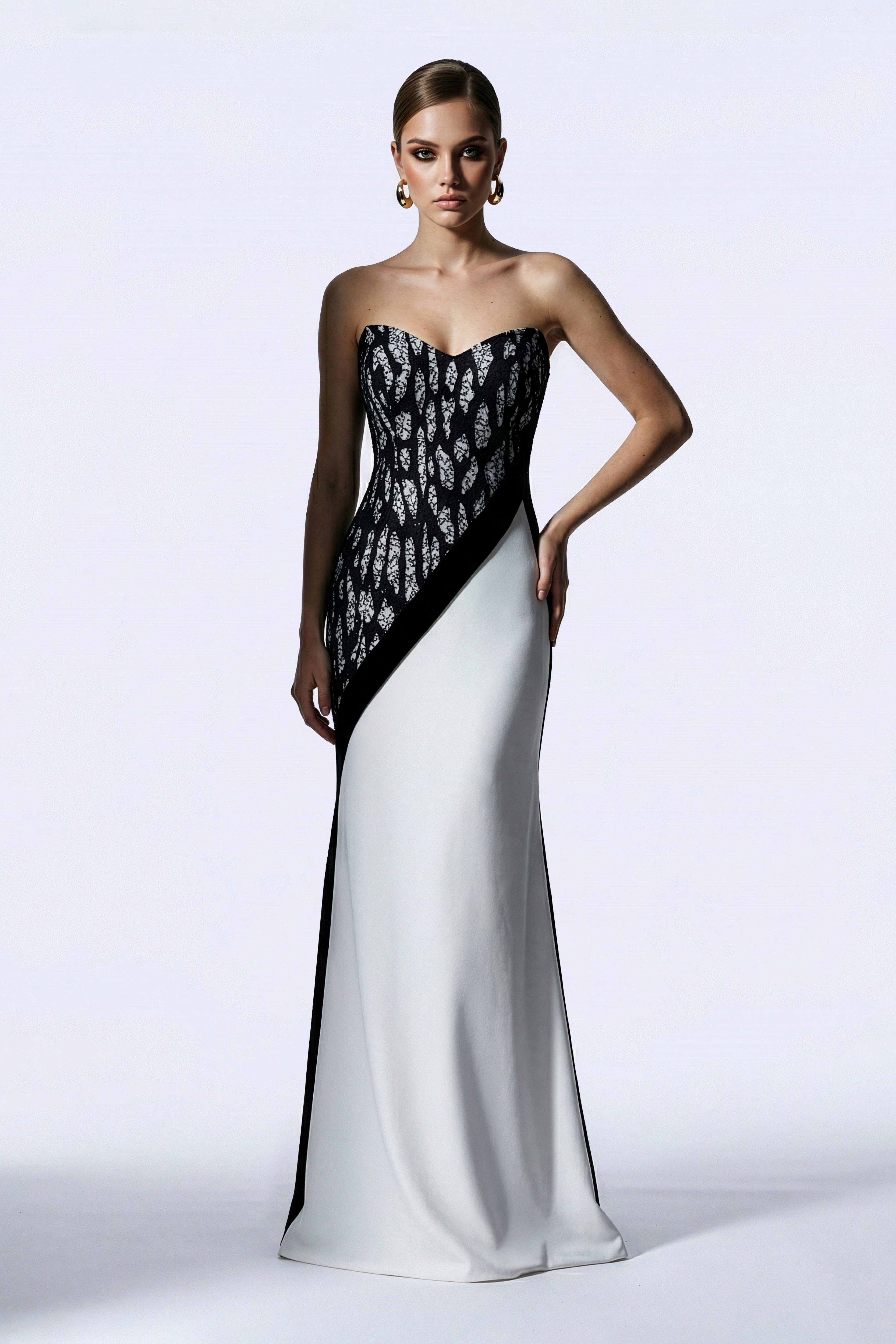 Li Beirut B1175 Black & White Lace Corset Gown with Bolero Jacket