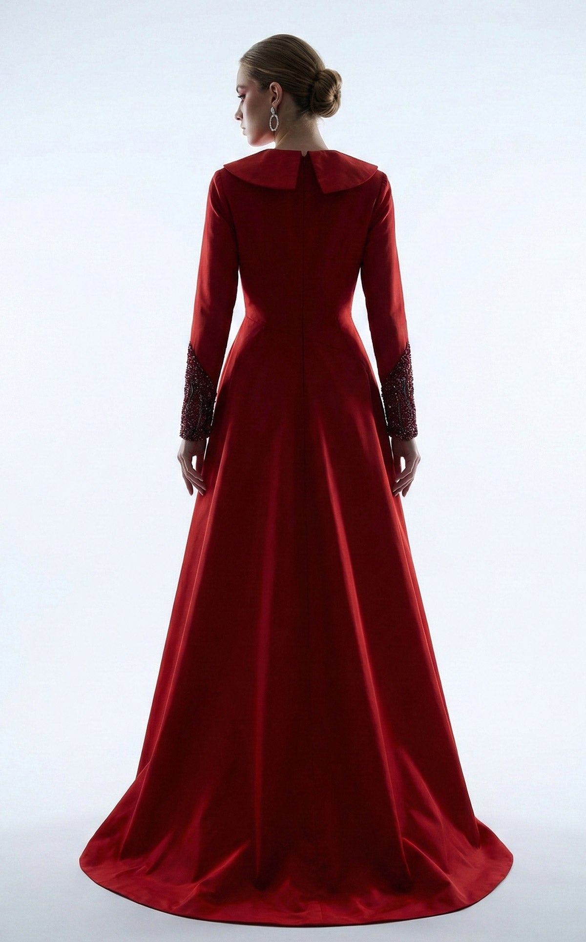 Li Beirut B1177 – Long Sleeve Embellished Coat Couture Gown in Red & Blue