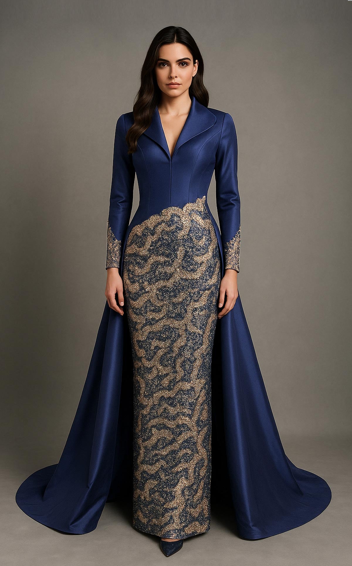 Li Beirut B1177 – Long Sleeve Embellished Coat Couture Gown in Red & Blue
