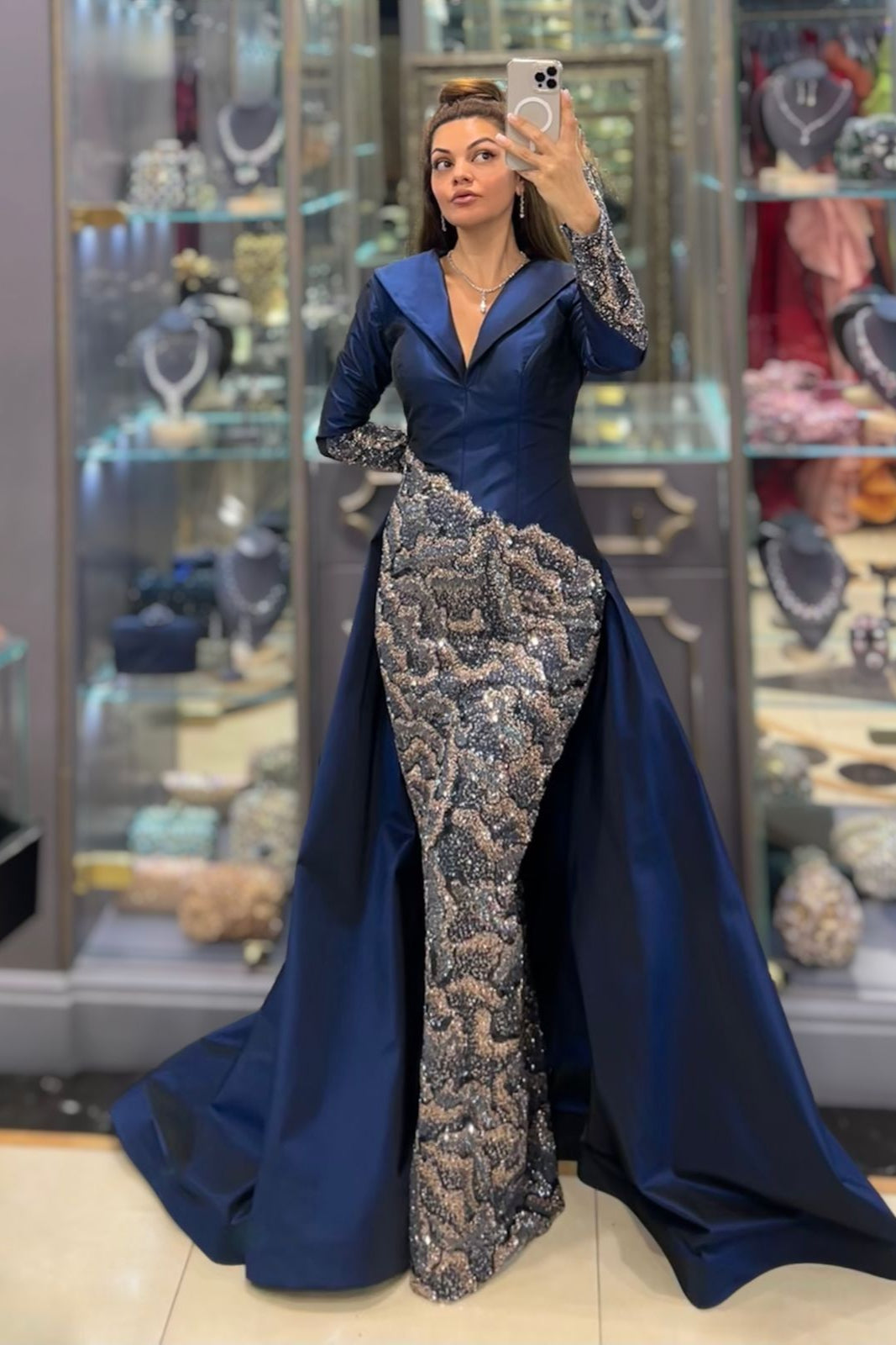 Li Beirut B1177 – Long Sleeve Embellished Coat Couture Gown in Red & Blue