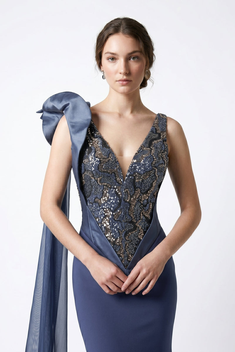 Li Beirut B1180 Sequin V-Neck Mermaid Gown with Couture Bow & Sash