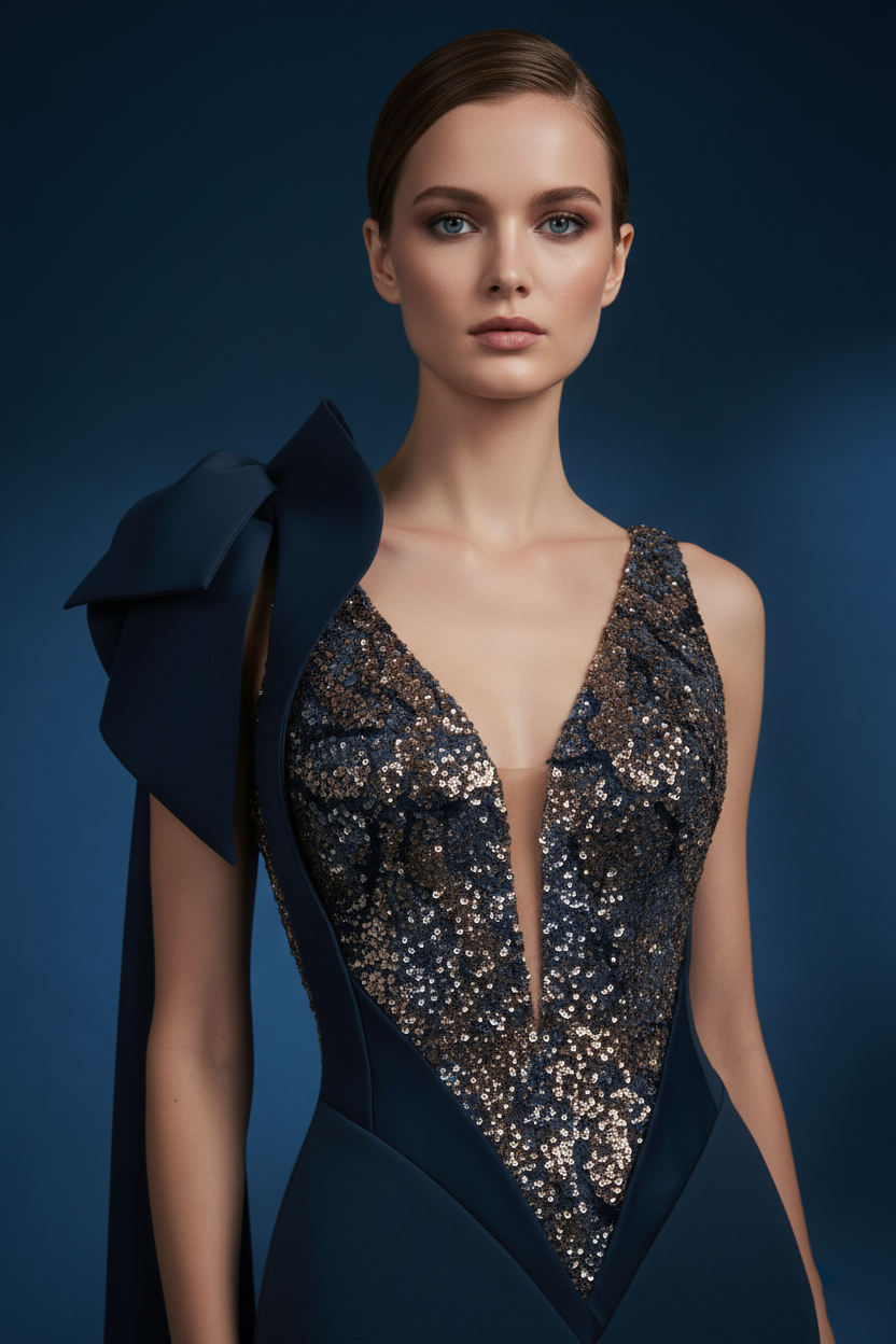Li Beirut B1180 Sequin V-Neck Mermaid Gown with Couture Bow & Sash