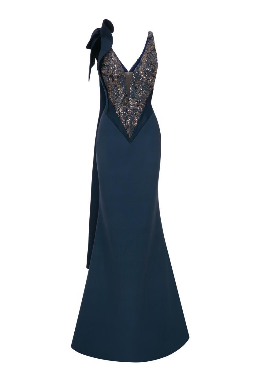 Li Beirut B1180 Sequin V-Neck Mermaid Gown with Couture Bow & Sash