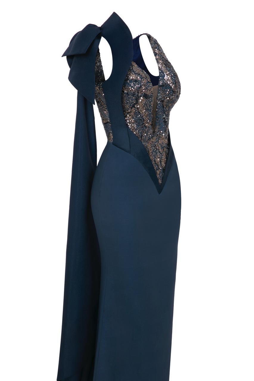 Li Beirut B1180 Sequin V-Neck Mermaid Gown with Couture Bow & Sash