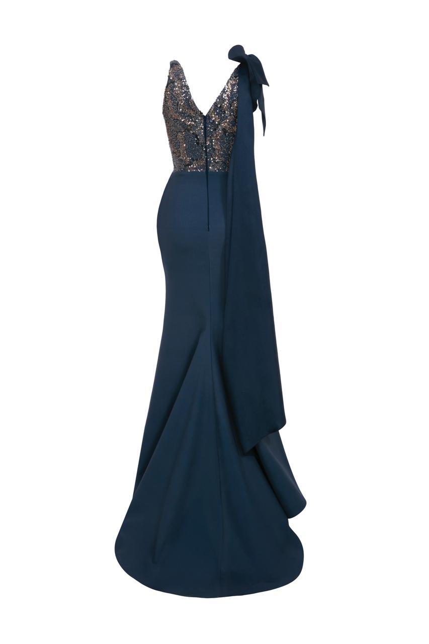 Li Beirut B1180 Sequin V-Neck Mermaid Gown with Couture Bow & Sash
