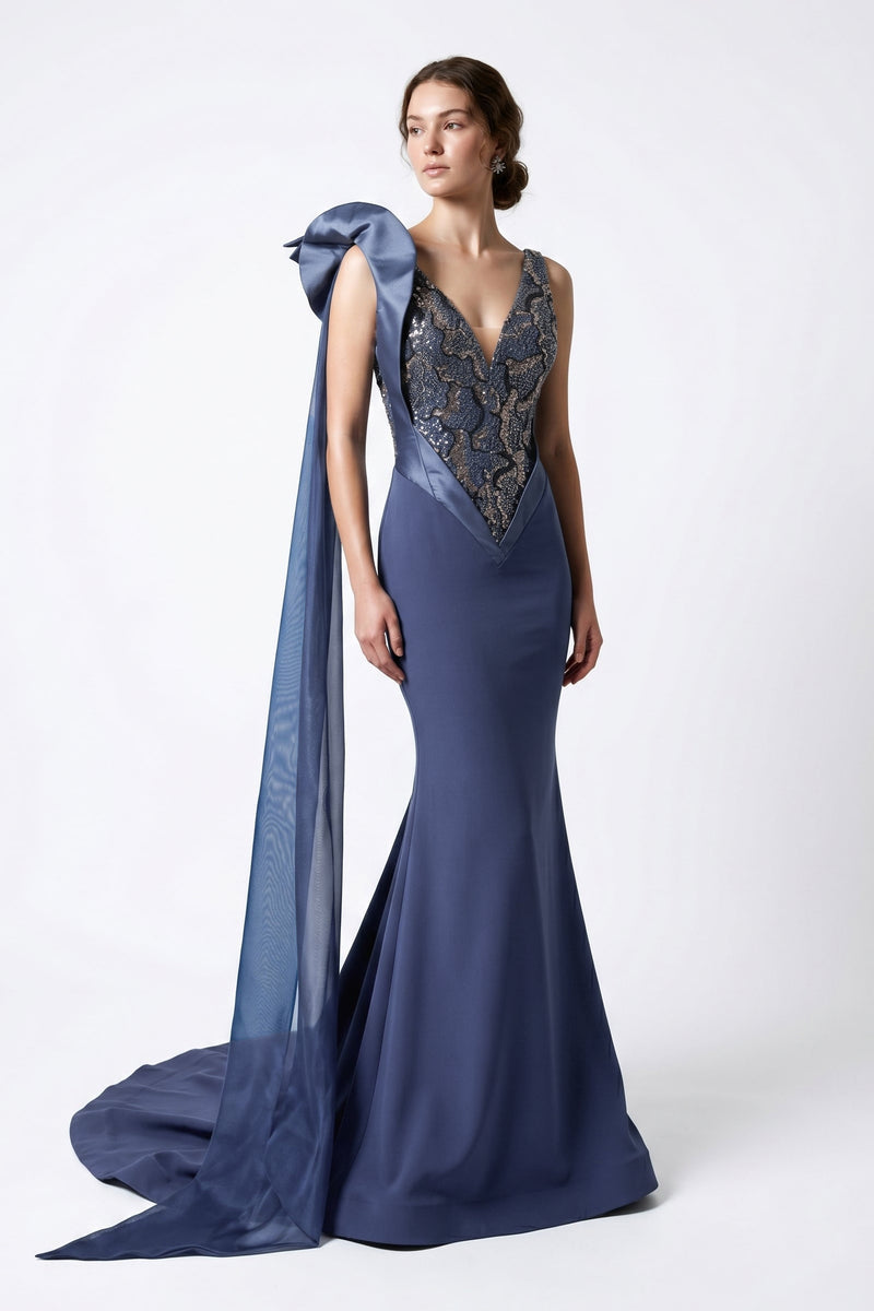 Li Beirut B1180 Sequin V-Neck Mermaid Gown with Couture Bow & Sash