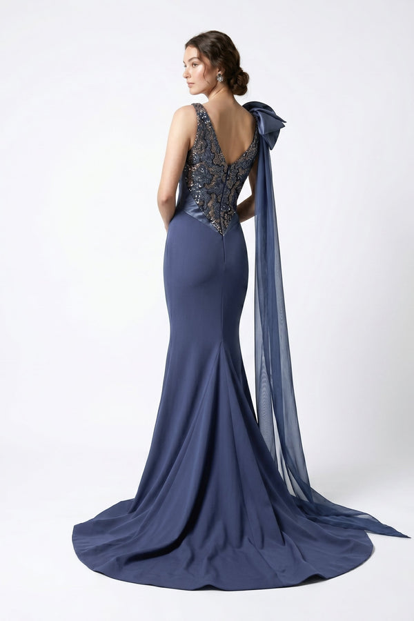 Li Beirut B1180 Sequin V-Neck Mermaid Gown with Couture Bow & Sash