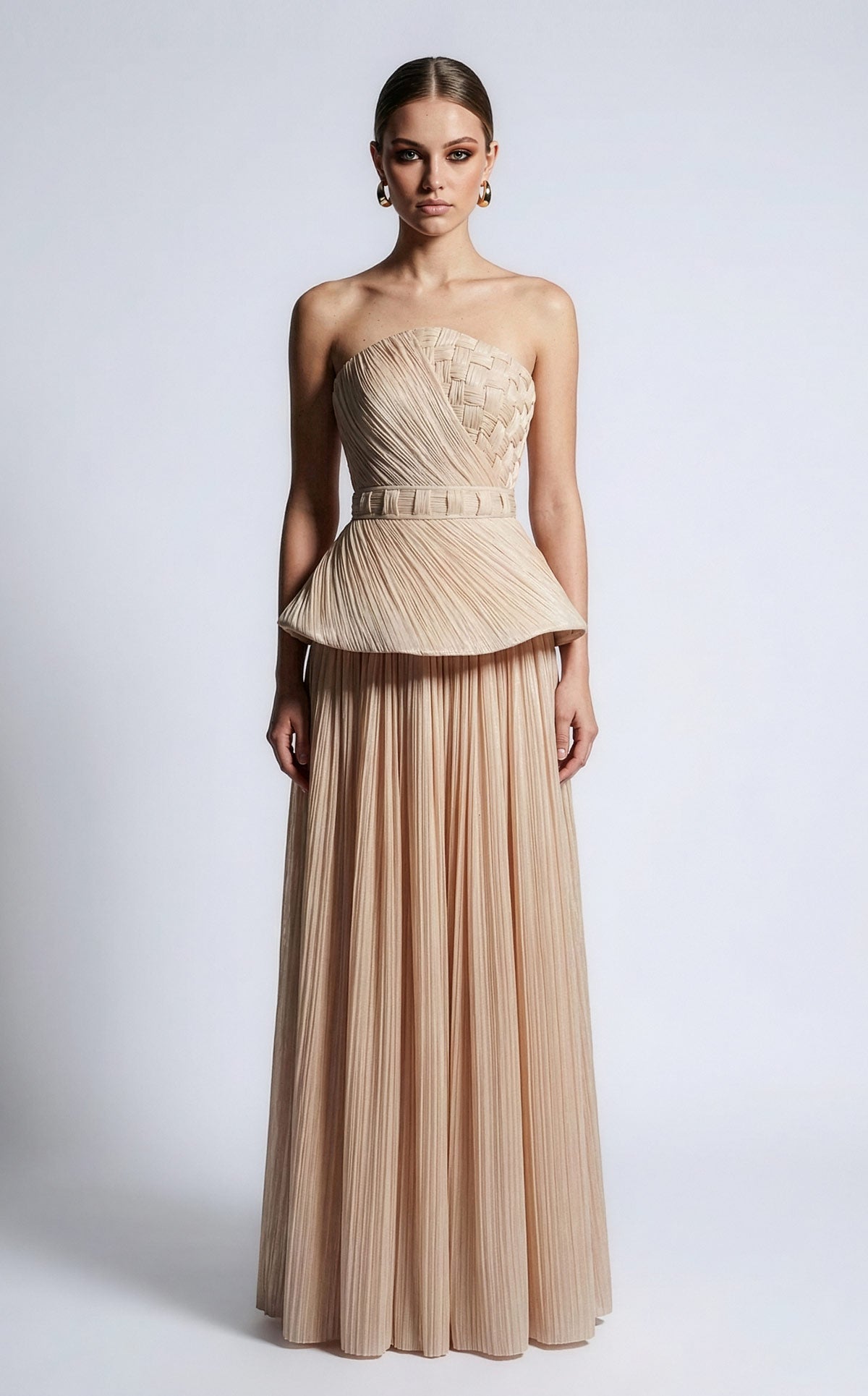 Li Beirut B1186 – Strapless Nude Woven Peplum Couture Evening Gown