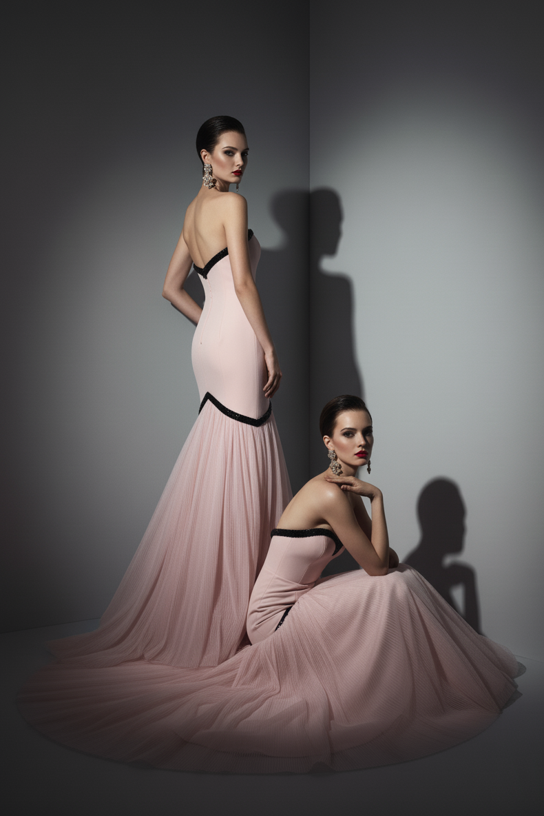 Li Beirut B1203 Pink Strapless Sweetheart Mermaid Gown with Black Beaded Trim & Pleated Tulle