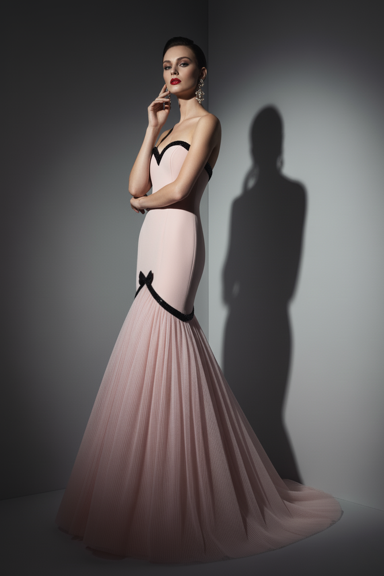 Li Beirut B1203 Pink Strapless Sweetheart Mermaid Gown with Black Beaded Trim & Pleated Tulle