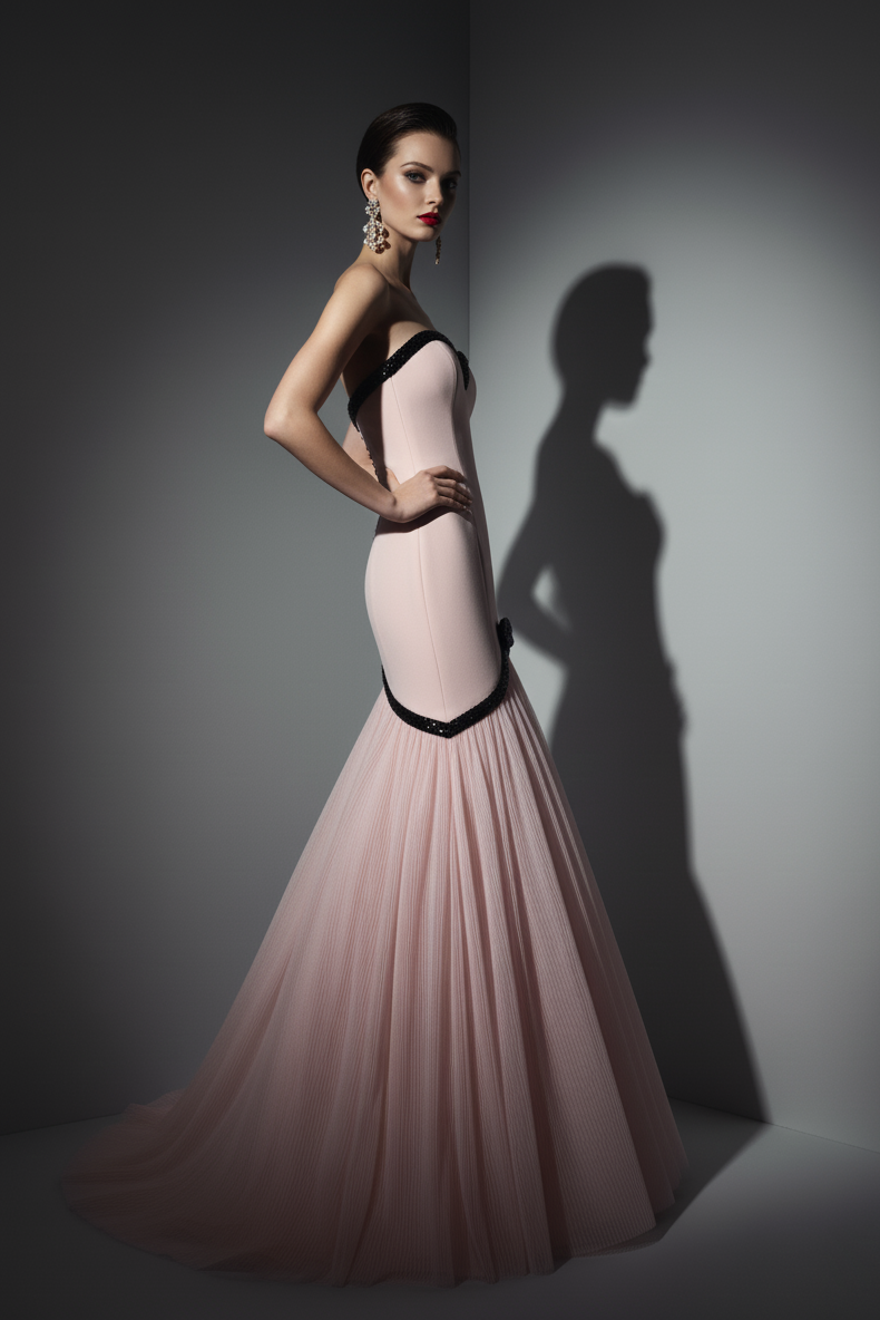 Li Beirut B1203 Pink Strapless Sweetheart Mermaid Gown with Black Beaded Trim & Pleated Tulle