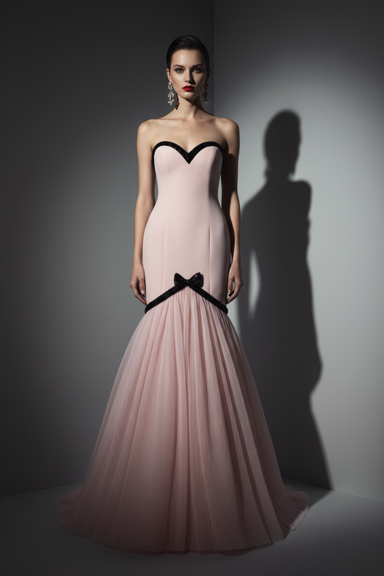 Li Beirut B1203 Pink Strapless Sweetheart Mermaid Gown with Black Beaded Trim & Pleated Tulle