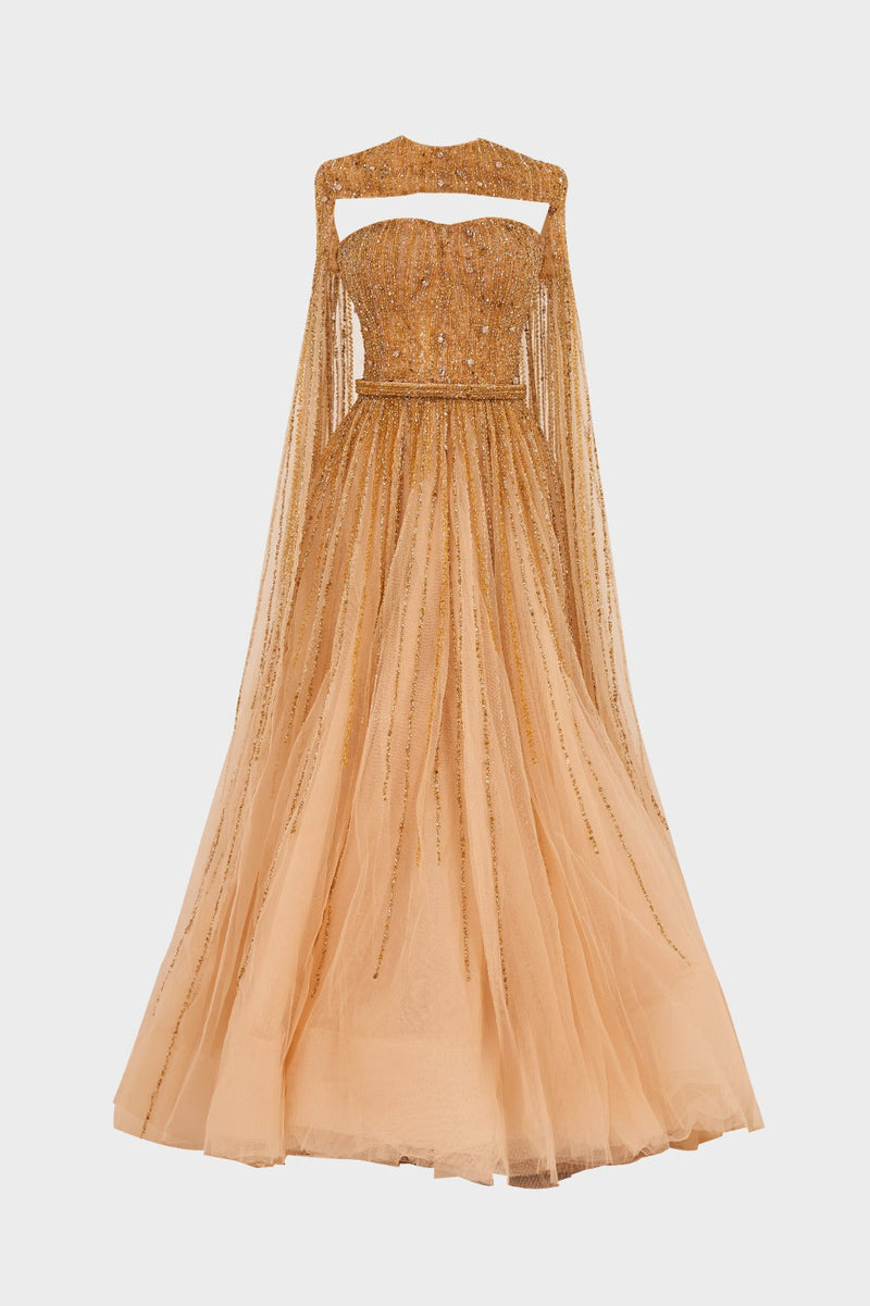 Li Beirut M1000 - Embellished Tulle Ball Gown with Cape Detail