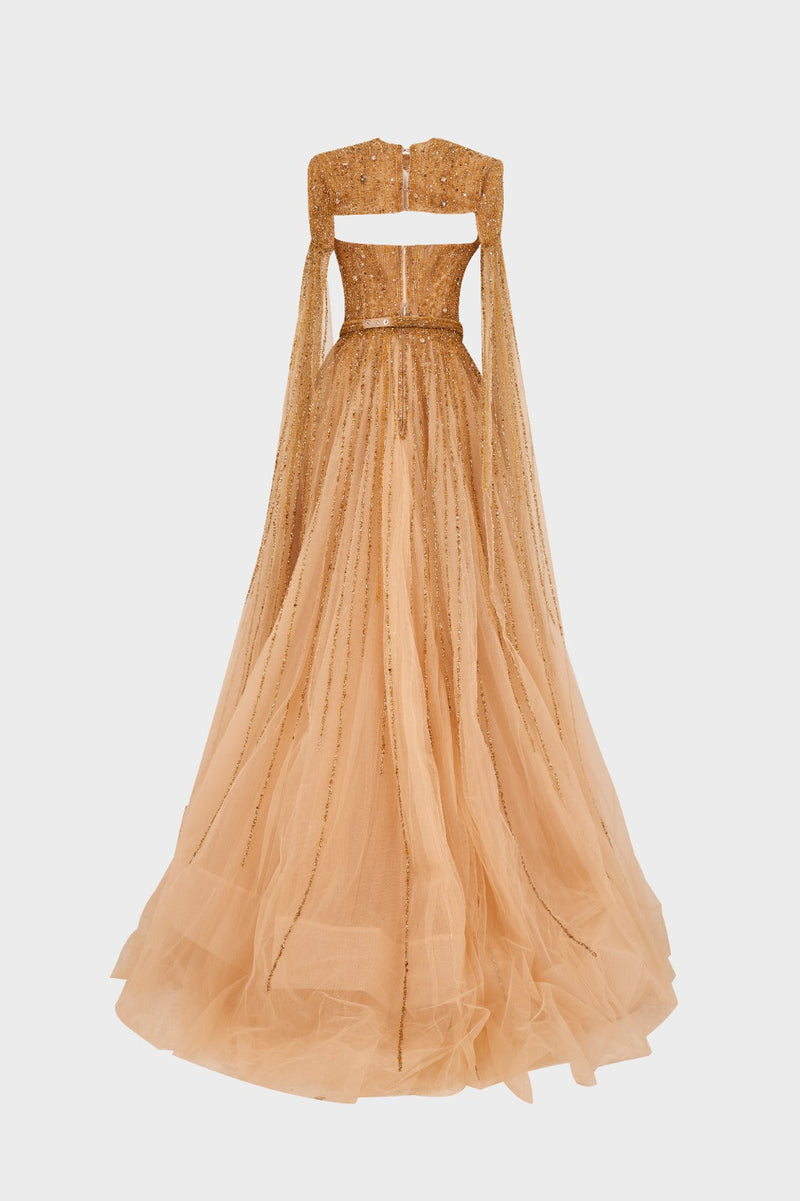 Li Beirut M1000 - Embellished Tulle Ball Gown with Cape Detail