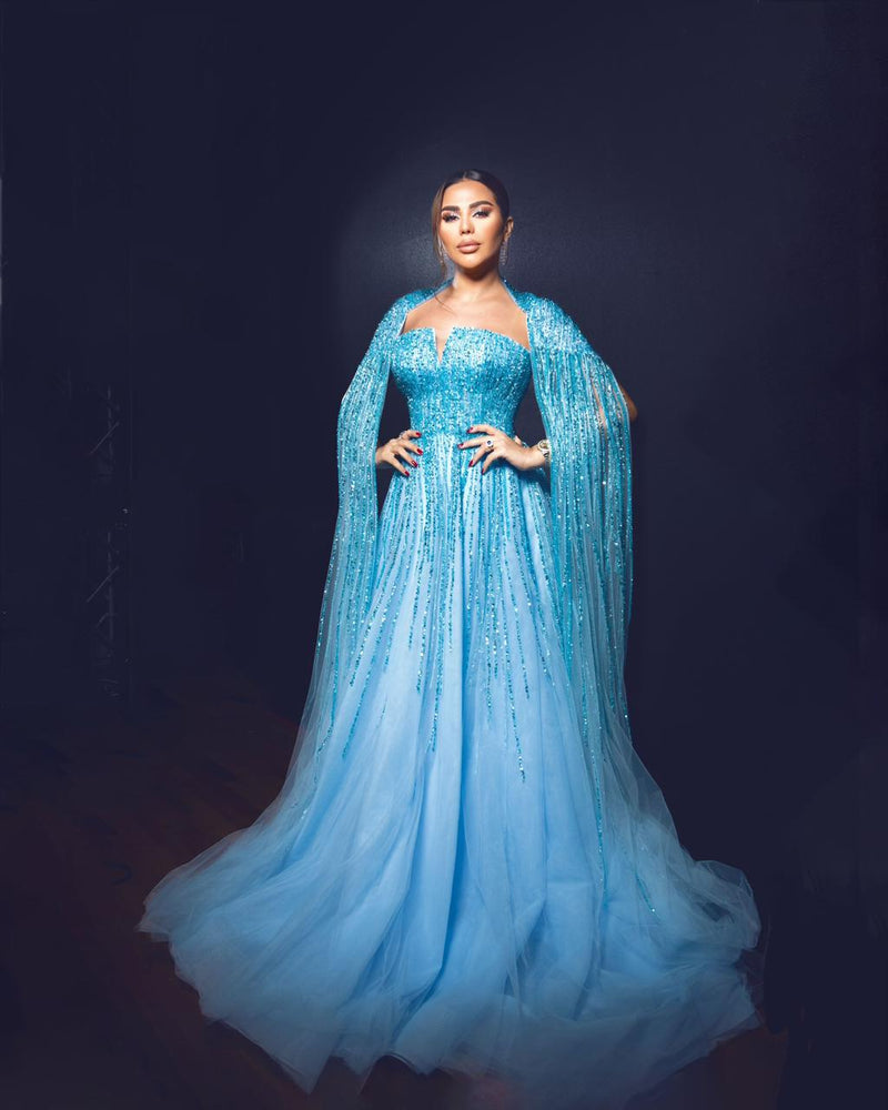 Li Beirut M1000 - Embellished Tulle Ball Gown with Cape Detail