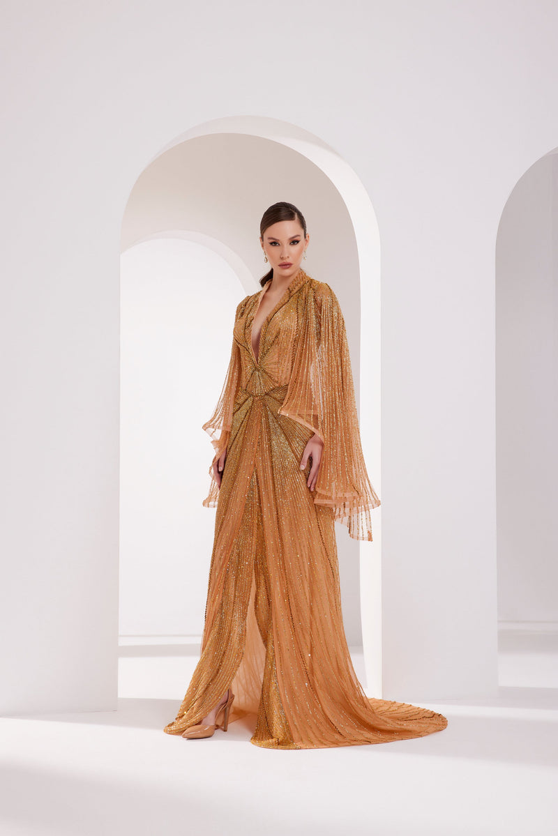 Li Beirut M1003 – Gold Embellished Couture Gown with V-Neck & Draped Cape Sleeves