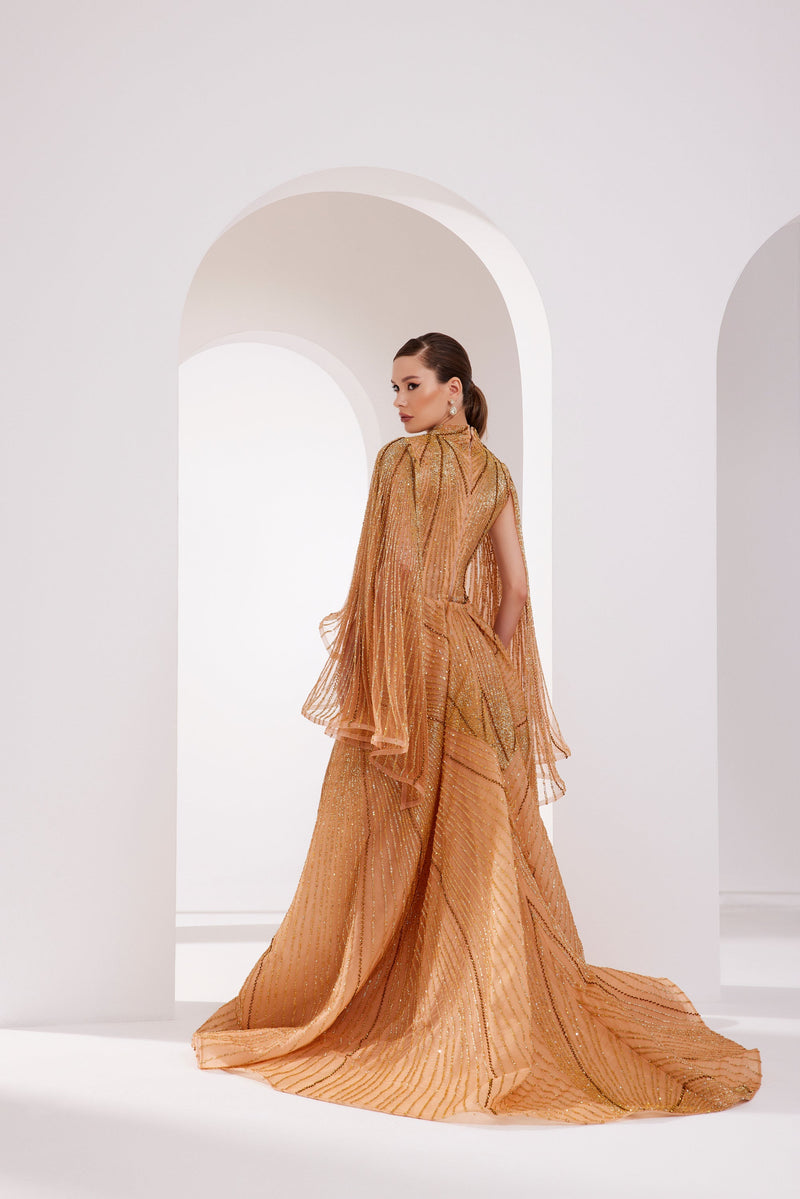 Li Beirut M1003 – Gold Embellished Couture Gown with V-Neck & Draped Cape Sleeves