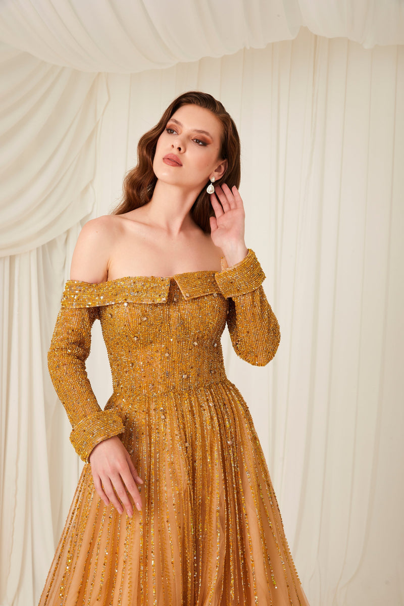 Li Beirut M1004 – Off-Shoulder Embellished Ball Gown with Long Sleeves & Beaded Bodice