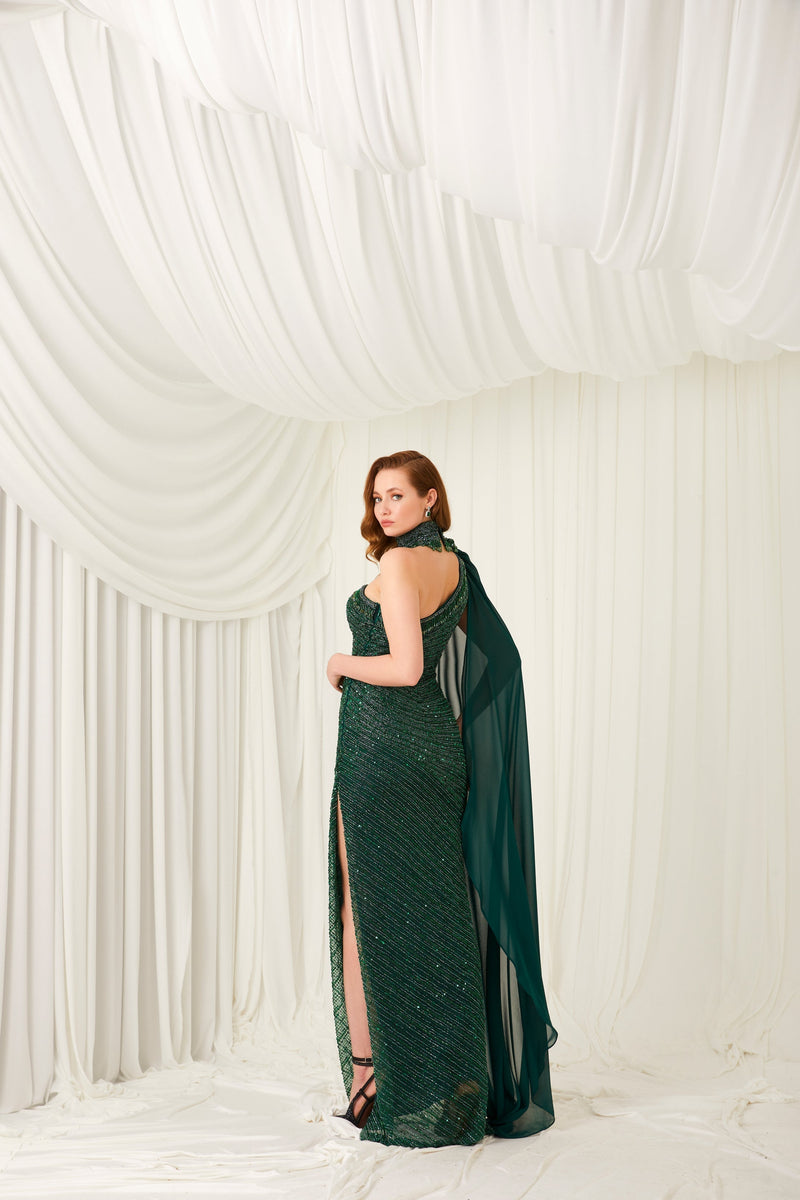 Li Beirut M1005 – One-Shoulder Embellished Column Gown with Chiffon Cape