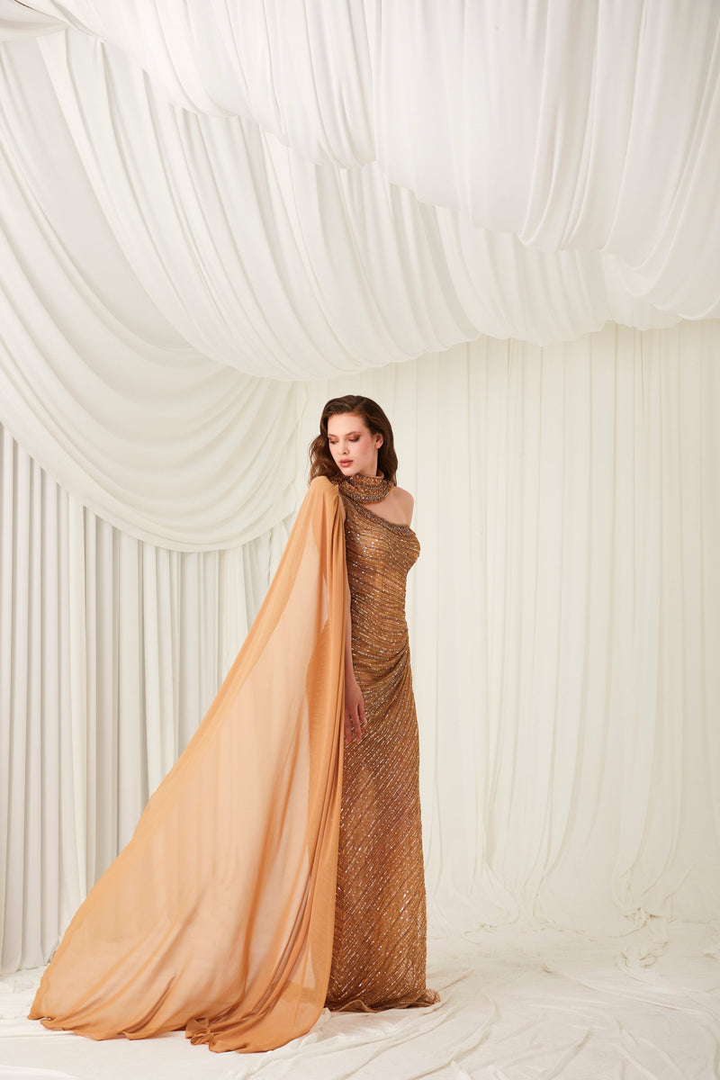 Li Beirut M1005 – One-Shoulder Embellished Column Gown with Chiffon Cape